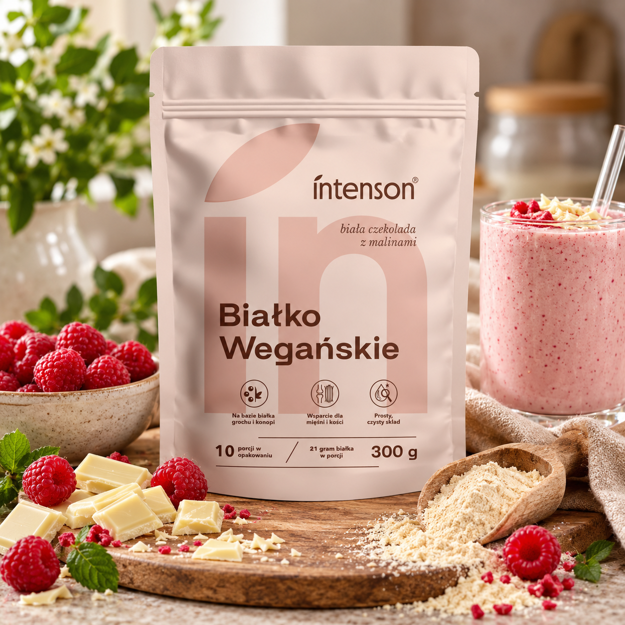 Białko wegańskie biała czekolada i maliny INTENSON 300 g