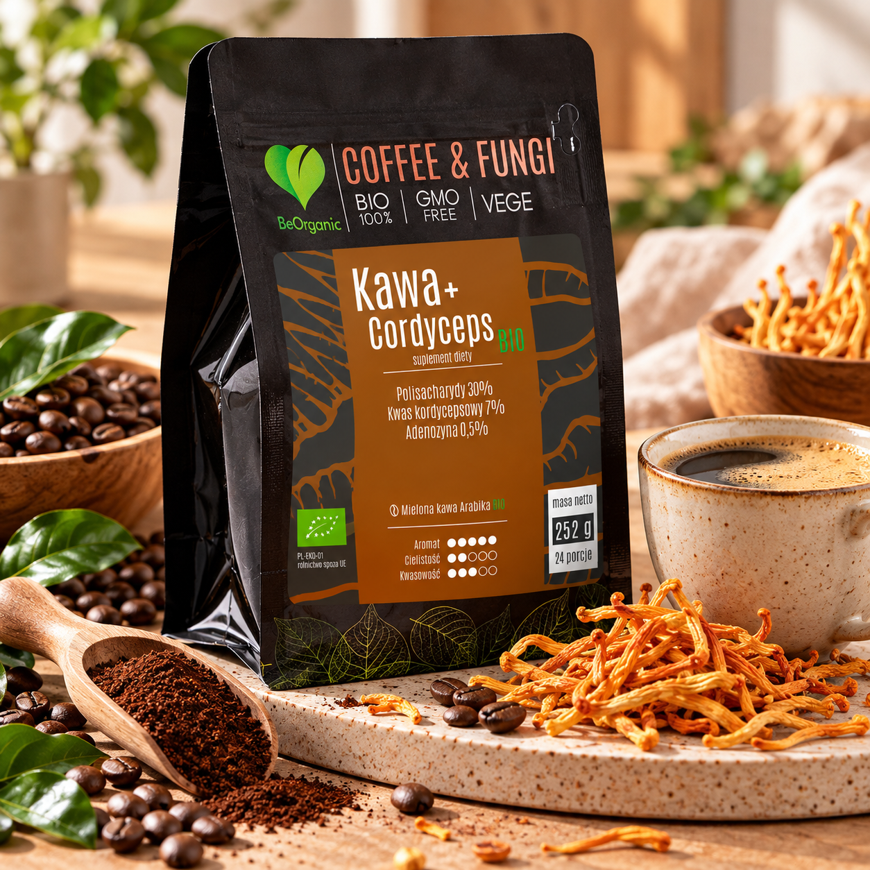 BeOrganic Coffee Fungi Kawa Arabica mielona Cordyceps BIO 252 g